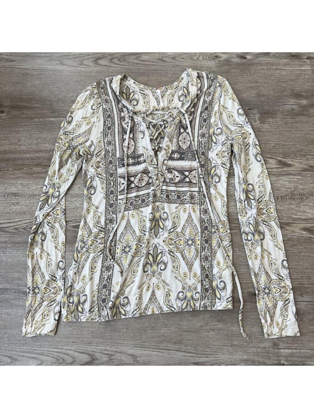 Free People Lace Up Front Knit Top Womens M Cream Gold Baroque Paisley